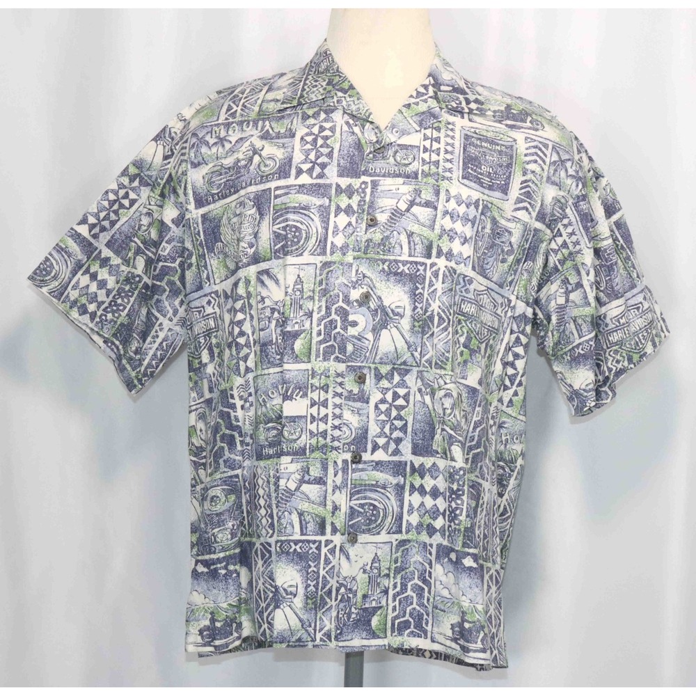 Harley Davidson H-D All Over Print Made In USA Hawaiian Shirt Mens Size Large
